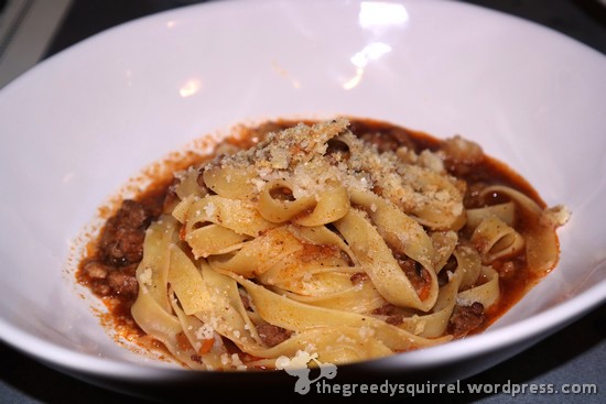 Tagliatelle Bolognese Ragù of beef, pork, herbs, Chianti & Parmesan with crunchy, herby breadcrumbs 