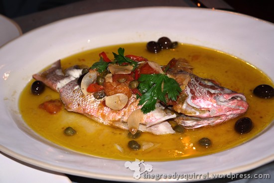 Pink Snapper Acqua Pazza Pan-fried whole pink snapper with olives, garlic, wine, capers, parsley & the sweetest baby plum tomatoes